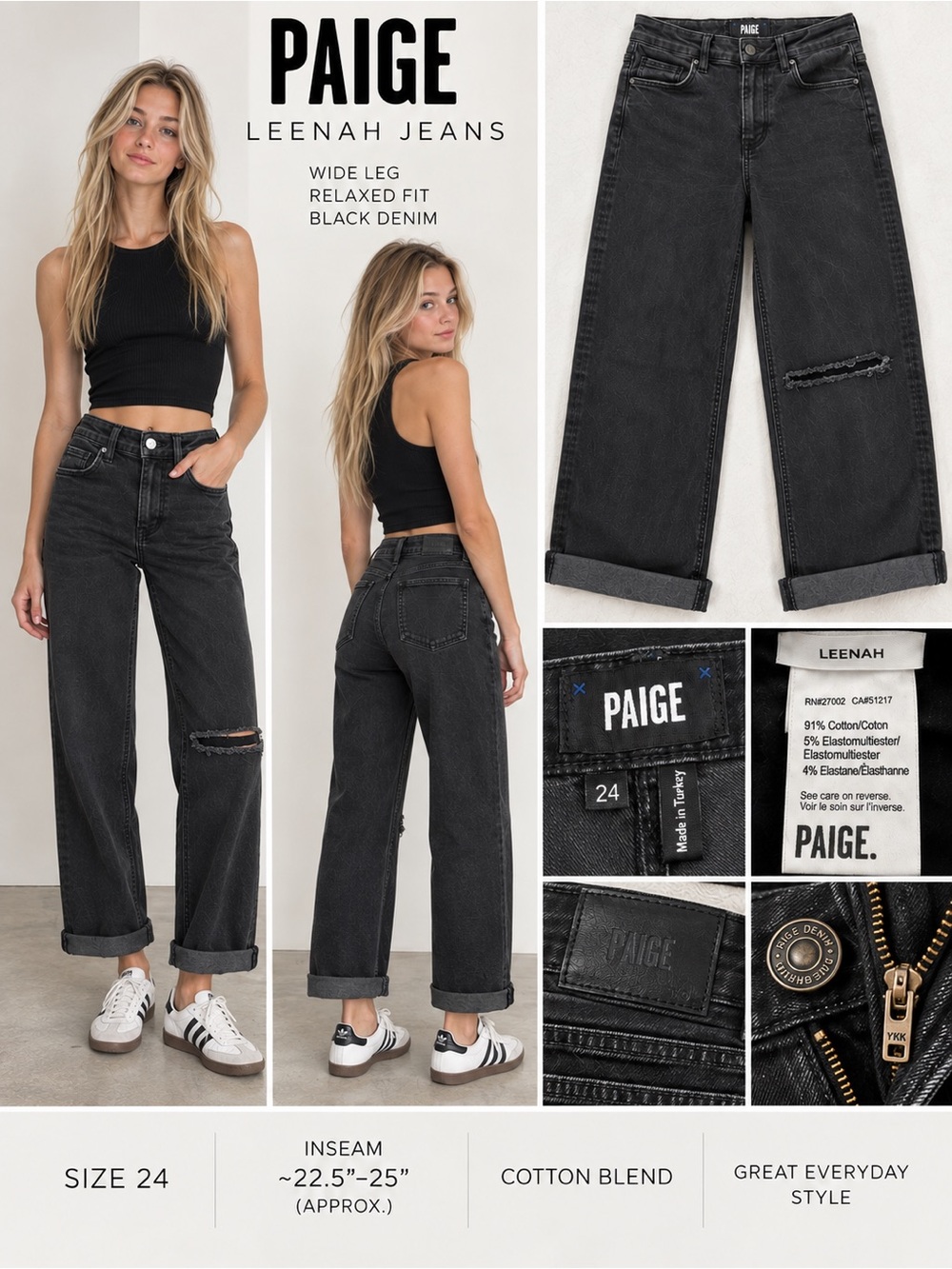 PAIGE Leenah Blacktop Destructed Black Denim Jeans Size 24